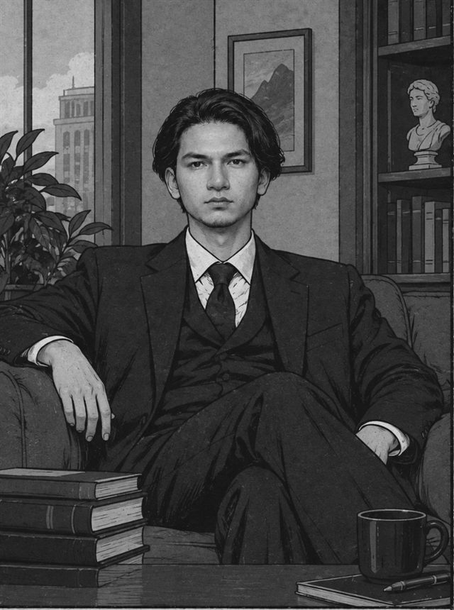 Illustrated portrait of Abhinav Silwal in a suit, seated in a study